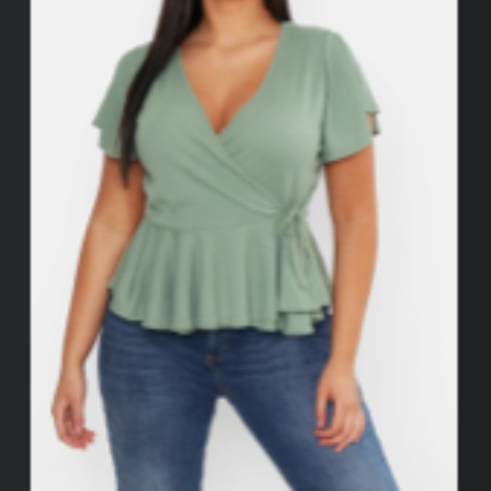 Plus rib wrap cap sleeve peplum top